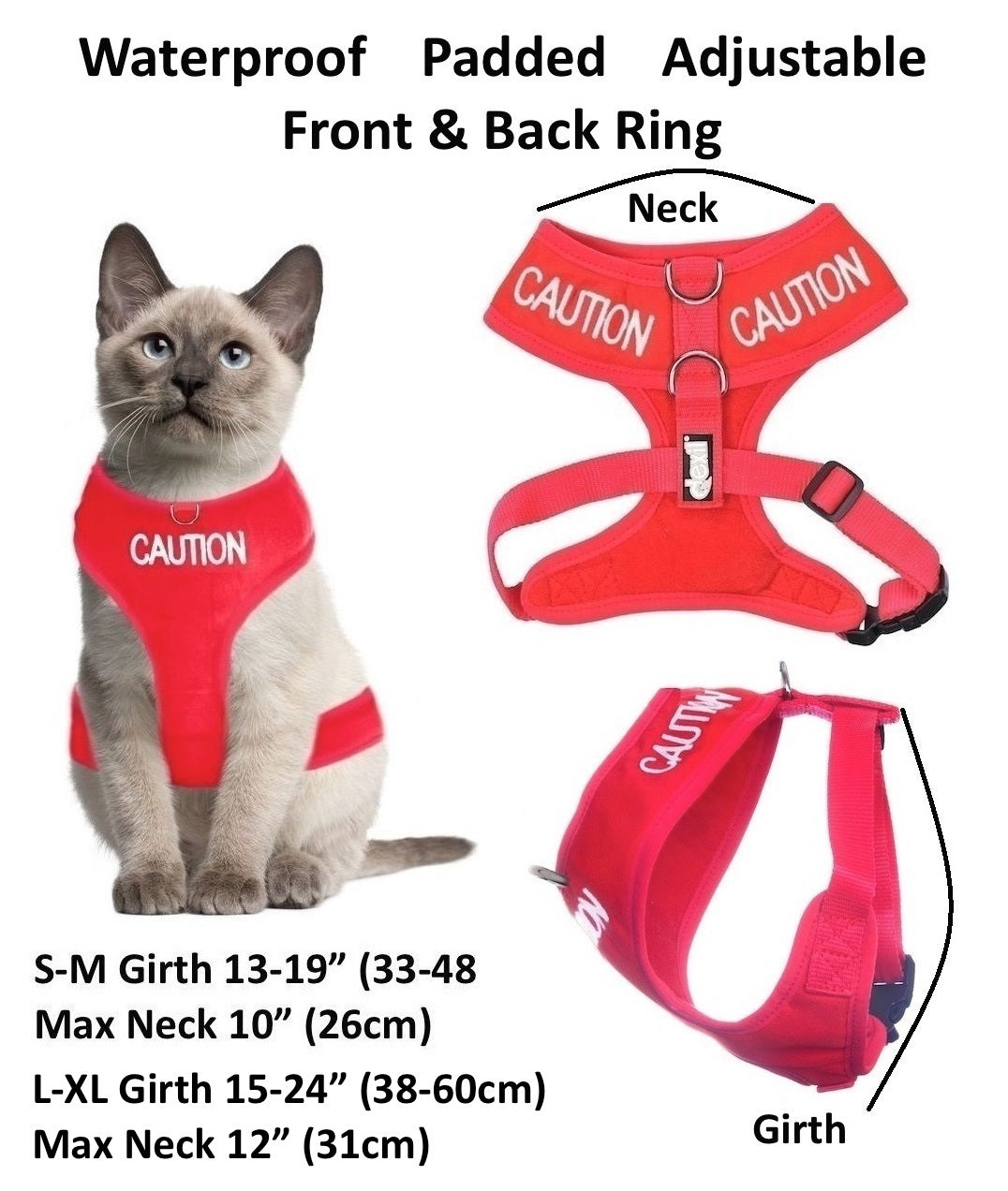 Cat Harness Waterproof Padded Adjustable Front & Back Ring S M L XL Snug Cosy
