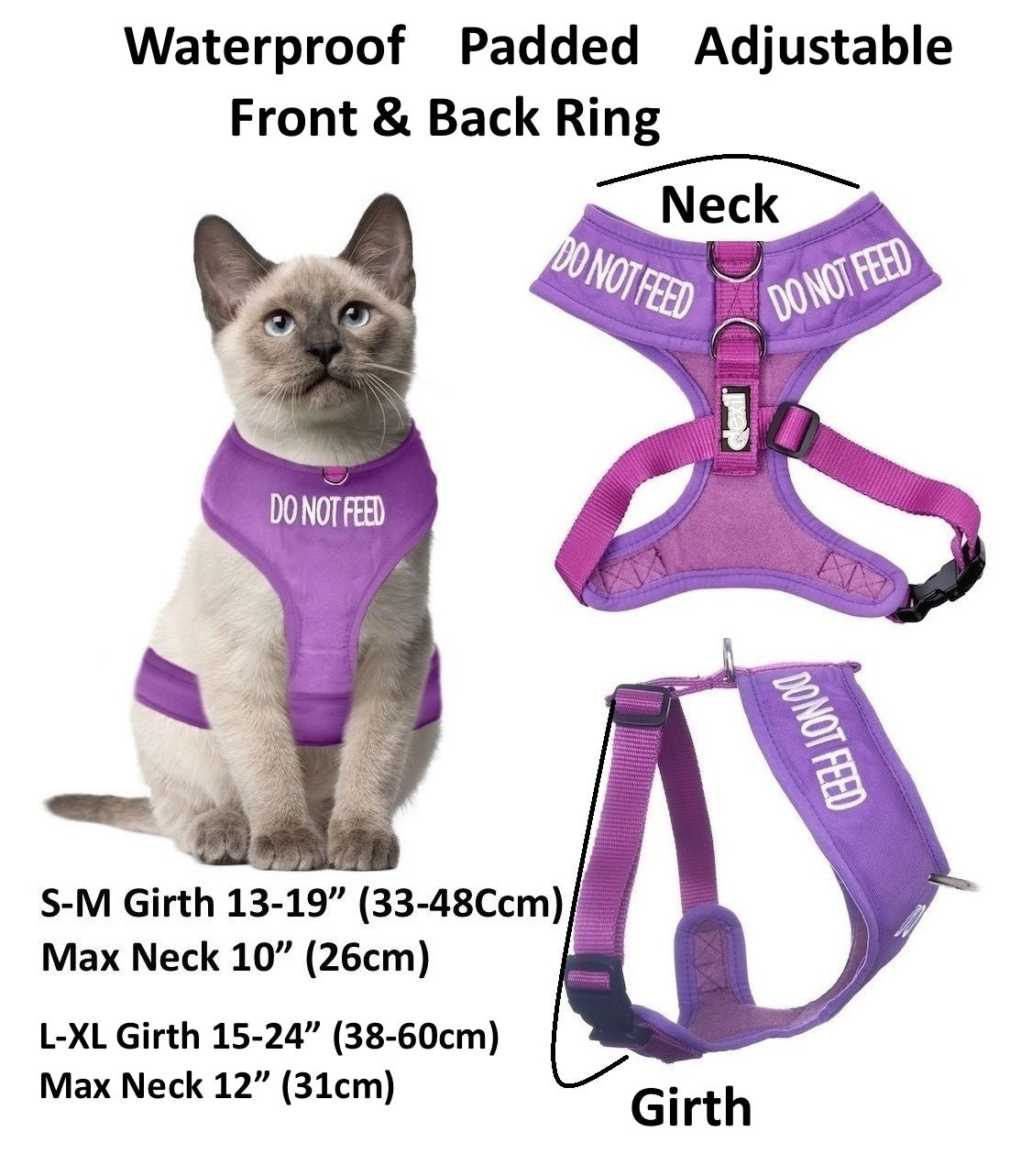 Cat Harness Waterproof Padded Adjustable Front & Back Ring S M L XL Snug Cosy
