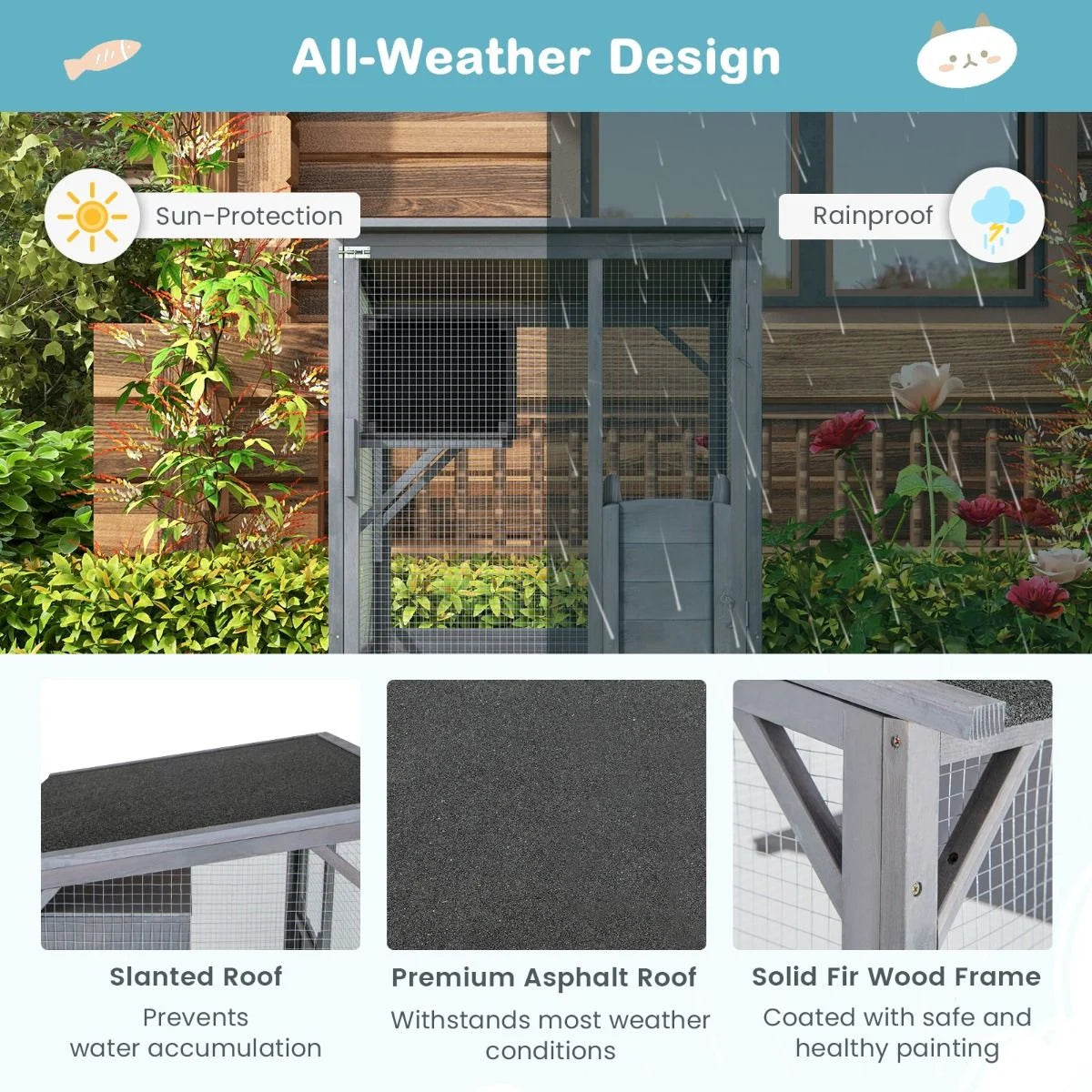 182 Cm Tall Outdoor Catio Kitten Enclosure with Weatherproof Asphalt Roof