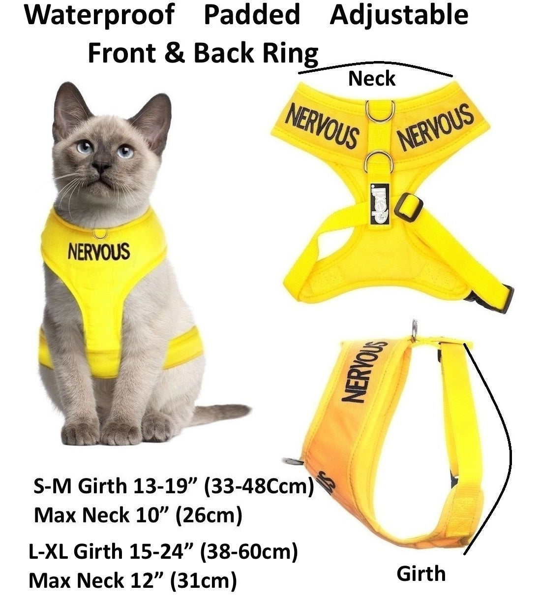 Cat Harness Waterproof Padded Adjustable Front & Back Ring S M L XL Snug Cosy