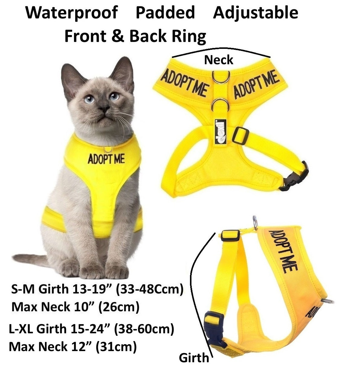 Cat Harness Waterproof Padded Adjustable Front & Back Ring S M L XL Snug Cosy