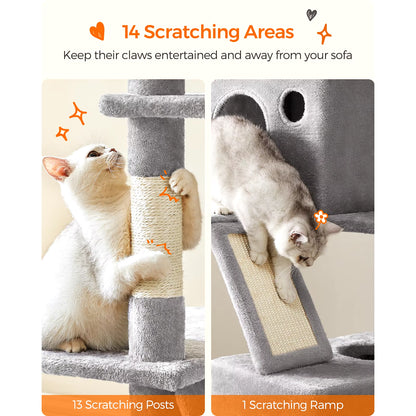 Cat Tree, Height 206 Cm, with 13 Scratching Posts, 2 Platform, 2 Kennels, Basket, Hammock, Pompom