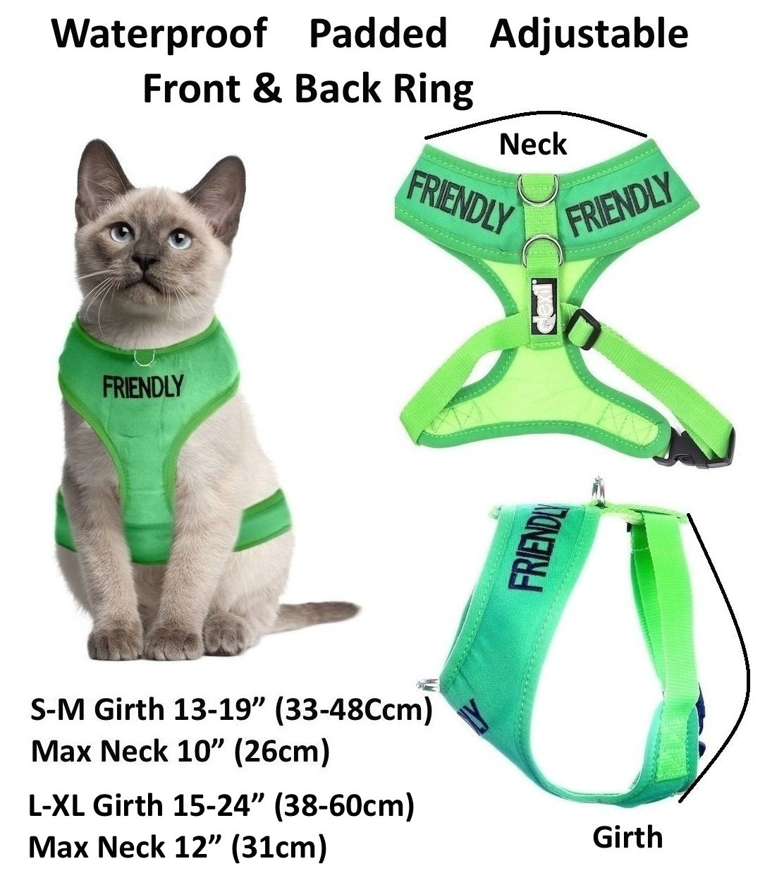Cat Harness Waterproof Padded Adjustable Front & Back Ring S M L XL Snug Cosy